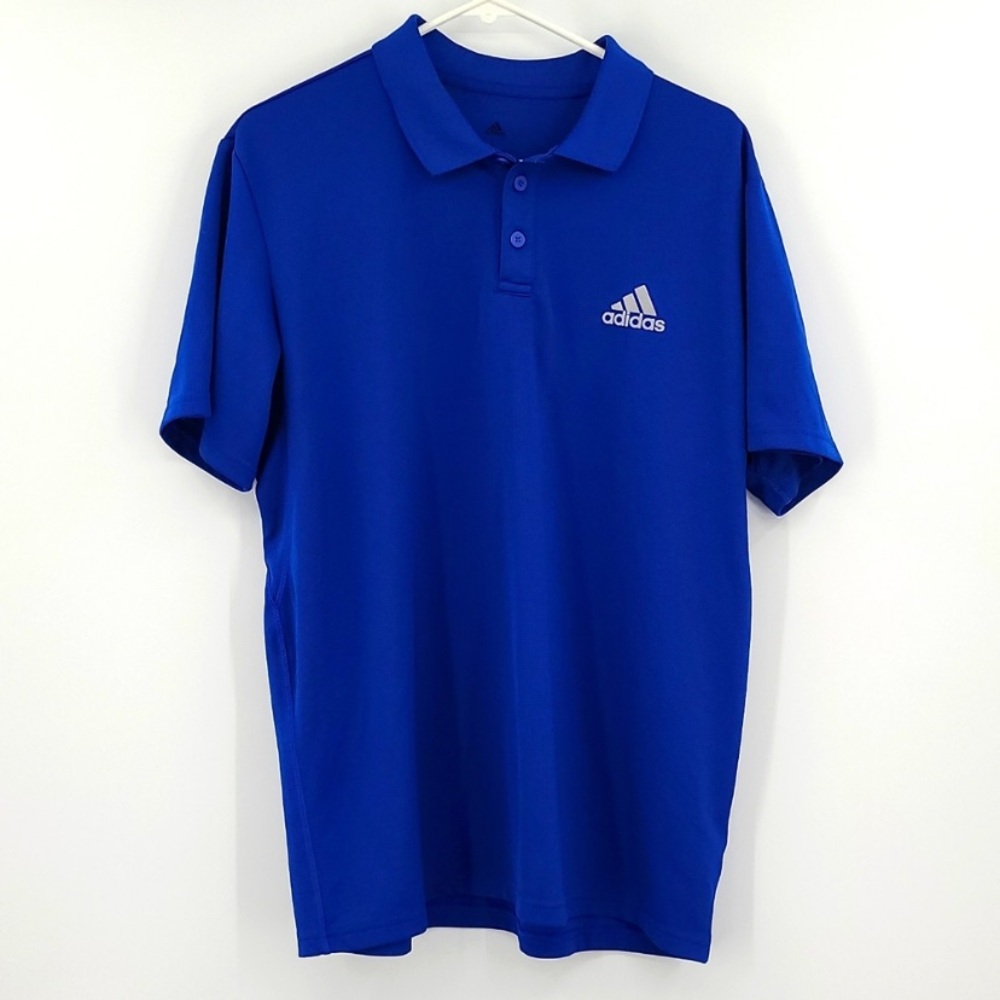 Adidas Aeroready logo blue short sleeve collared shirt